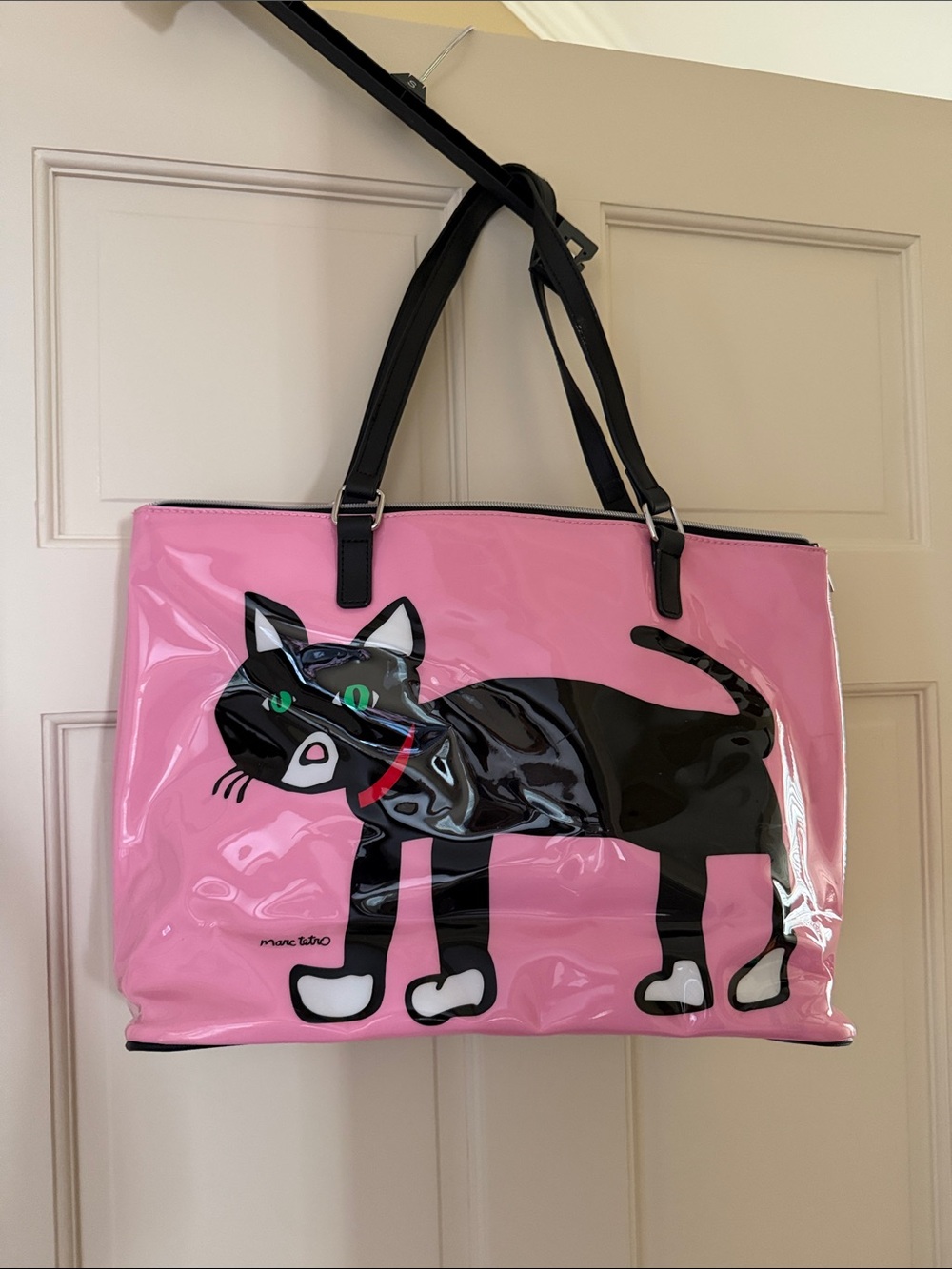 Marc Tetro Pink Patent Tote with Black Cat Graphic